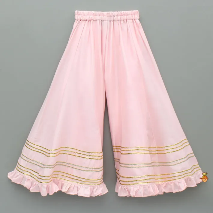 New Chanderi Embroidered Kurti And Flared Palazzo With Light Pink Dupatta Ethnic Wear | Palazzos & Shararas