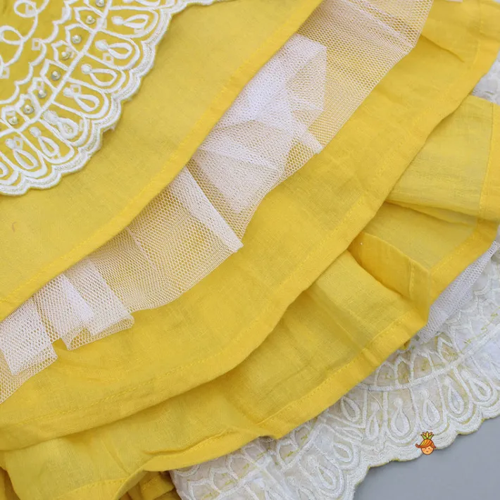 Fashion Chanderi Printed Mustard Ruffled Top And Embroidered Lehenga Ethnic Wear | Lehengas & Ghagras