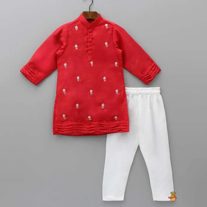 Fashion Chanderi Silk Red Kurta And Off White Pyjama BOY Indian Ethnic Wear | Ethnic Sets