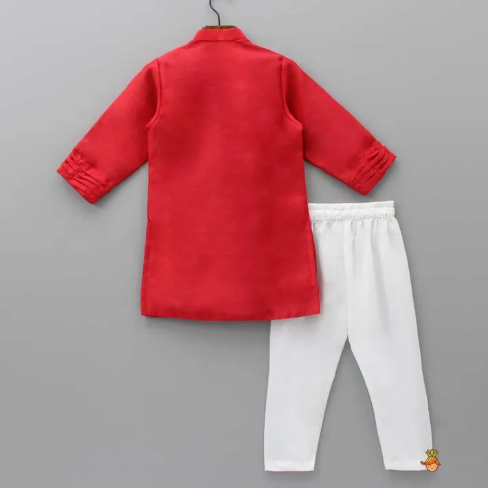 Fashion Chanderi Silk Red Kurta And Off White Pyjama BOY Indian Ethnic Wear | Ethnic Sets