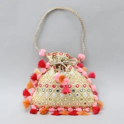 New Charming Faux Mirror Work Dual Toned Fringed Detailed Potli Bag Bags