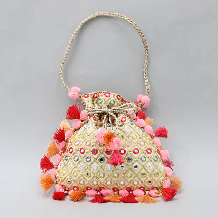 New Charming Faux Mirror Work Dual Toned Fringed Detailed Potli Bag Bags