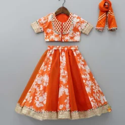 Sale Checks Detail Yoke Orange Top And Floral Printed Lehenga With Organza Dupatta Ethnic Wear | Lehengas & Ghagras