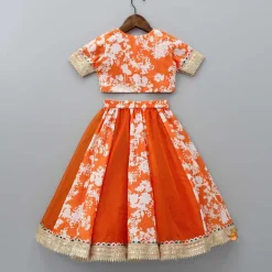 Sale Checks Detail Yoke Orange Top And Floral Printed Lehenga With Organza Dupatta Ethnic Wear | Lehengas & Ghagras
