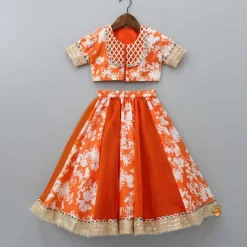 Sale Checks Detail Yoke Orange Top And Floral Printed Lehenga With Organza Dupatta Ethnic Wear | Lehengas & Ghagras