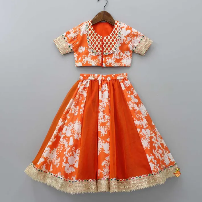 Sale Checks Detail Yoke Orange Top And Floral Printed Lehenga With Organza Dupatta Ethnic Wear | Lehengas & Ghagras