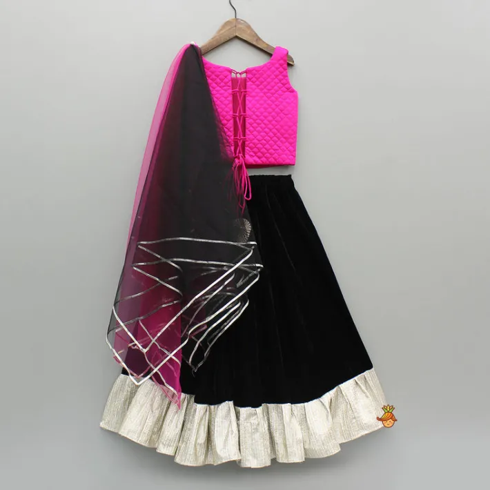 Fashion Checks Embroidered Dual Tone Top And Contrasting Tassels Enhanced Black Lehenga With Stylish Net Dupatta Ethnic Wear | Lehengas & Ghagras
