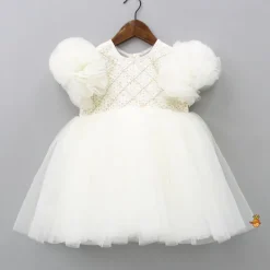 Best Checks Embroidered Yoke Off White Dress With Back Sequined Bow Dresses & Sets | Dresses