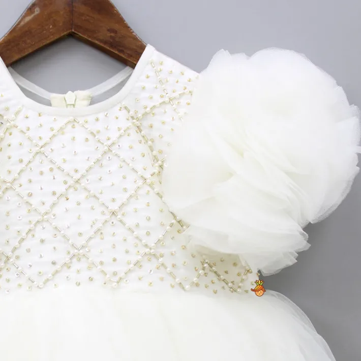 Best Checks Embroidered Yoke Off White Dress With Back Sequined Bow Dresses & Sets | Dresses