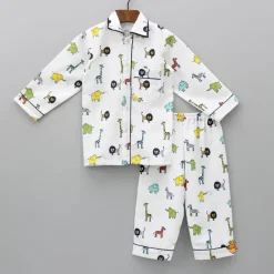 Clearance Collar Neck Animal Printed White Cotton Sleepwear BOY Sleep Wear | Sleepwear