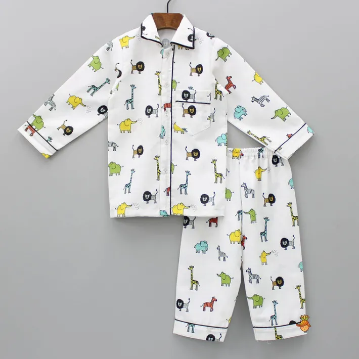 Clearance Collar Neck Animal Printed White Cotton Sleepwear BOY Sleep Wear | Sleepwear