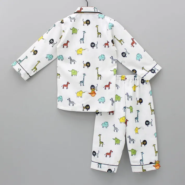 Clearance Collar Neck Animal Printed White Cotton Sleepwear BOY Sleep Wear | Sleepwear