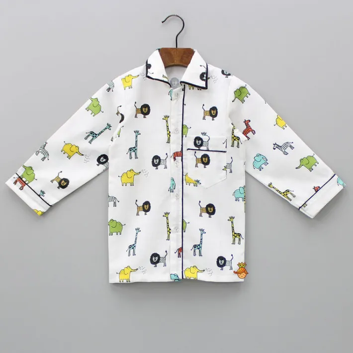 Clearance Collar Neck Animal Printed White Cotton Sleepwear BOY Sleep Wear | Sleepwear