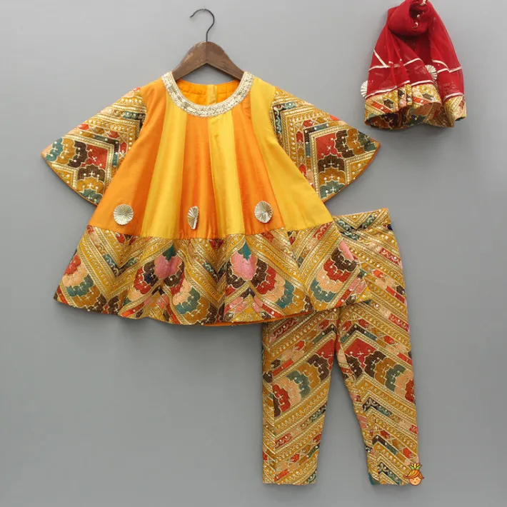 Discount Colour Blocked Embroidered Kurti And Pant With Dupatta Ethnic Wear | Churidars & Salwars
