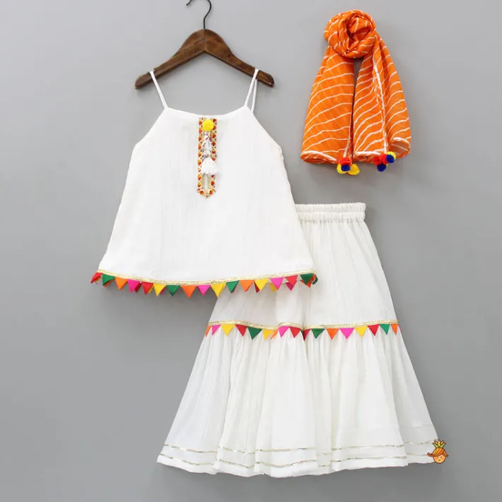 Outlet Colourful Triangles Lace Enhanced Flared Off White Top And Pleated Sharara With Contrasting Orange Leheriya Dupatta Ethnic Wear | Palazzos & Shararas