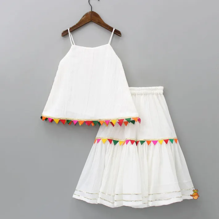 Outlet Colourful Triangles Lace Enhanced Flared Off White Top And Pleated Sharara With Contrasting Orange Leheriya Dupatta Ethnic Wear | Palazzos & Shararas