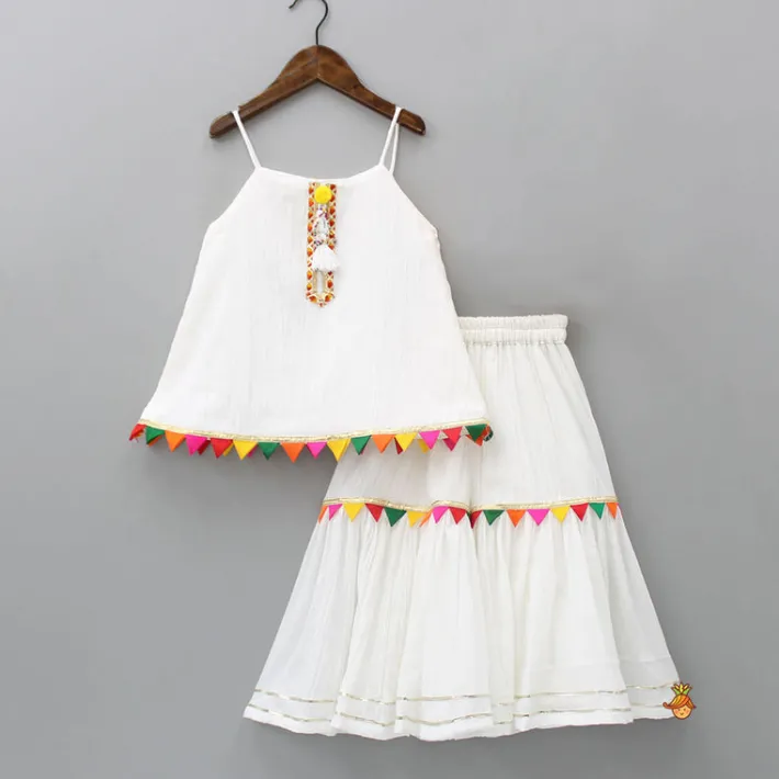 Outlet Colourful Triangles Lace Enhanced Flared Off White Top And Pleated Sharara With Contrasting Orange Leheriya Dupatta Ethnic Wear | Palazzos & Shararas
