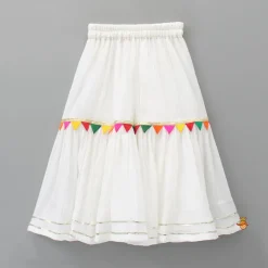 Outlet Colourful Triangles Lace Enhanced Flared Off White Top And Pleated Sharara With Contrasting Orange Leheriya Dupatta Ethnic Wear | Palazzos & Shararas