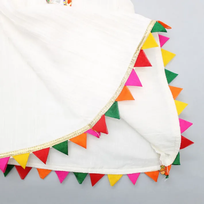 Outlet Colourful Triangles Lace Enhanced Flared Off White Top And Pleated Sharara With Contrasting Orange Leheriya Dupatta Ethnic Wear | Palazzos & Shararas