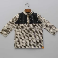 Online Contrasting Pin Tuck Detail Yoke Kurta And Black Pyjama BOY Twinning Sets | Indian Ethnic Wear