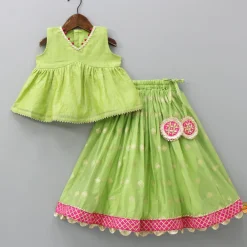 Clearance Contrasting Potli Buttons Detail Leaf Green Top And Gota Tassels Enhanced Lehenga Ethnic Wear | Lehengas & Ghagras