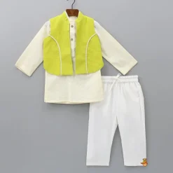Outlet Cotton Cream Kurta With Green Jacket And Pocket Detail Pyjama BOY Indian Ethnic Wear | Ethnic Sets