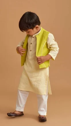 Outlet Cotton Cream Kurta With Green Jacket And Pocket Detail Pyjama BOY Indian Ethnic Wear | Ethnic Sets