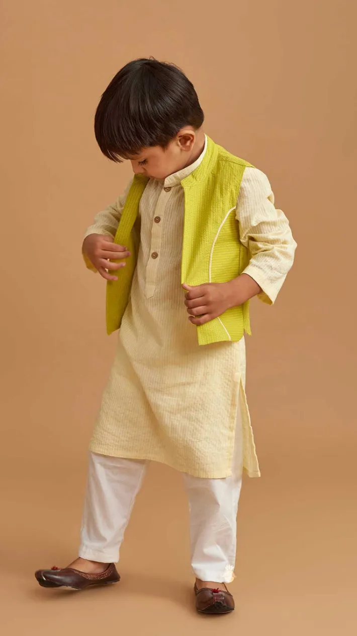 Outlet Cotton Cream Kurta With Green Jacket And Pocket Detail Pyjama BOY Indian Ethnic Wear | Ethnic Sets