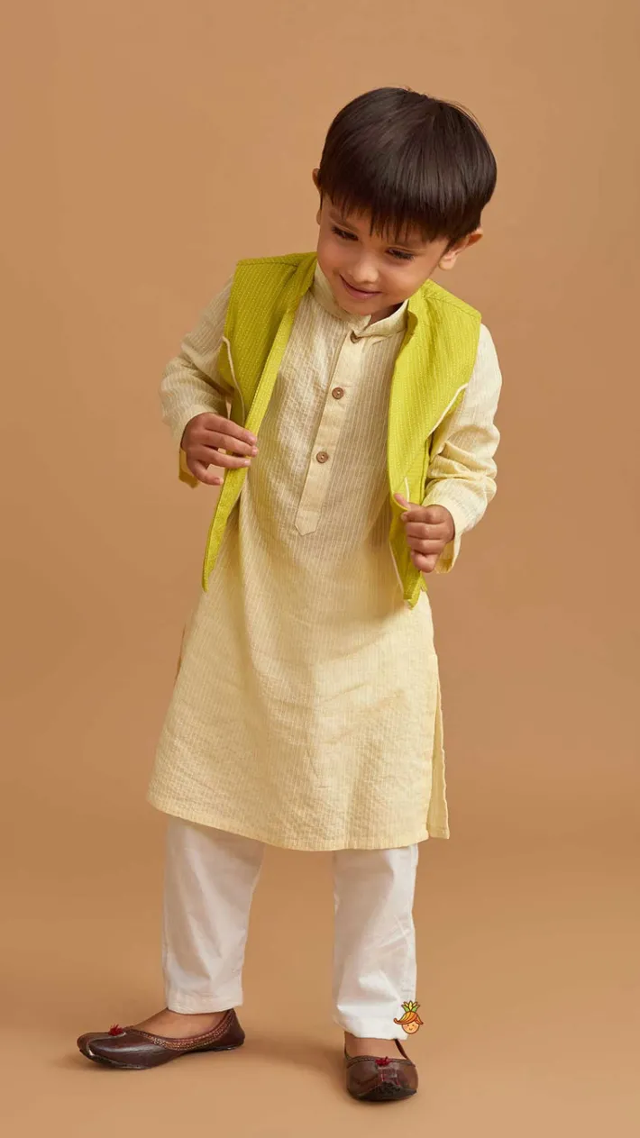 Outlet Cotton Cream Kurta With Green Jacket And Pocket Detail Pyjama BOY Indian Ethnic Wear | Ethnic Sets