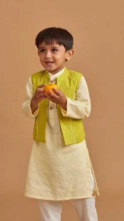 Outlet Cotton Cream Kurta With Green Jacket And Pocket Detail Pyjama BOY Indian Ethnic Wear | Ethnic Sets