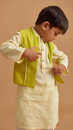 Outlet Cotton Cream Kurta With Green Jacket And Pocket Detail Pyjama BOY Indian Ethnic Wear | Ethnic Sets