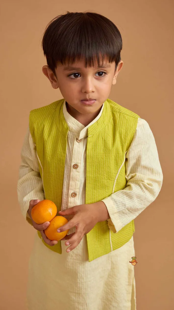 Outlet Cotton Cream Kurta With Green Jacket And Pocket Detail Pyjama BOY Indian Ethnic Wear | Ethnic Sets