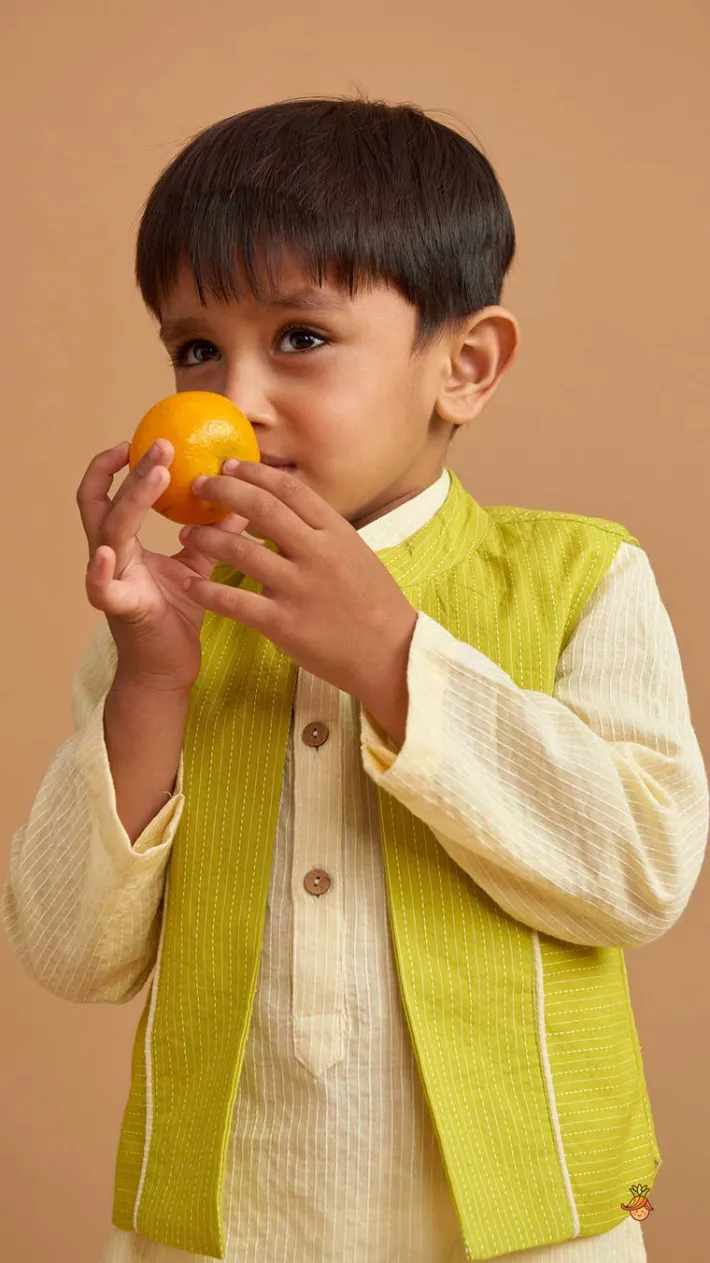 Outlet Cotton Cream Kurta With Green Jacket And Pocket Detail Pyjama BOY Indian Ethnic Wear | Ethnic Sets