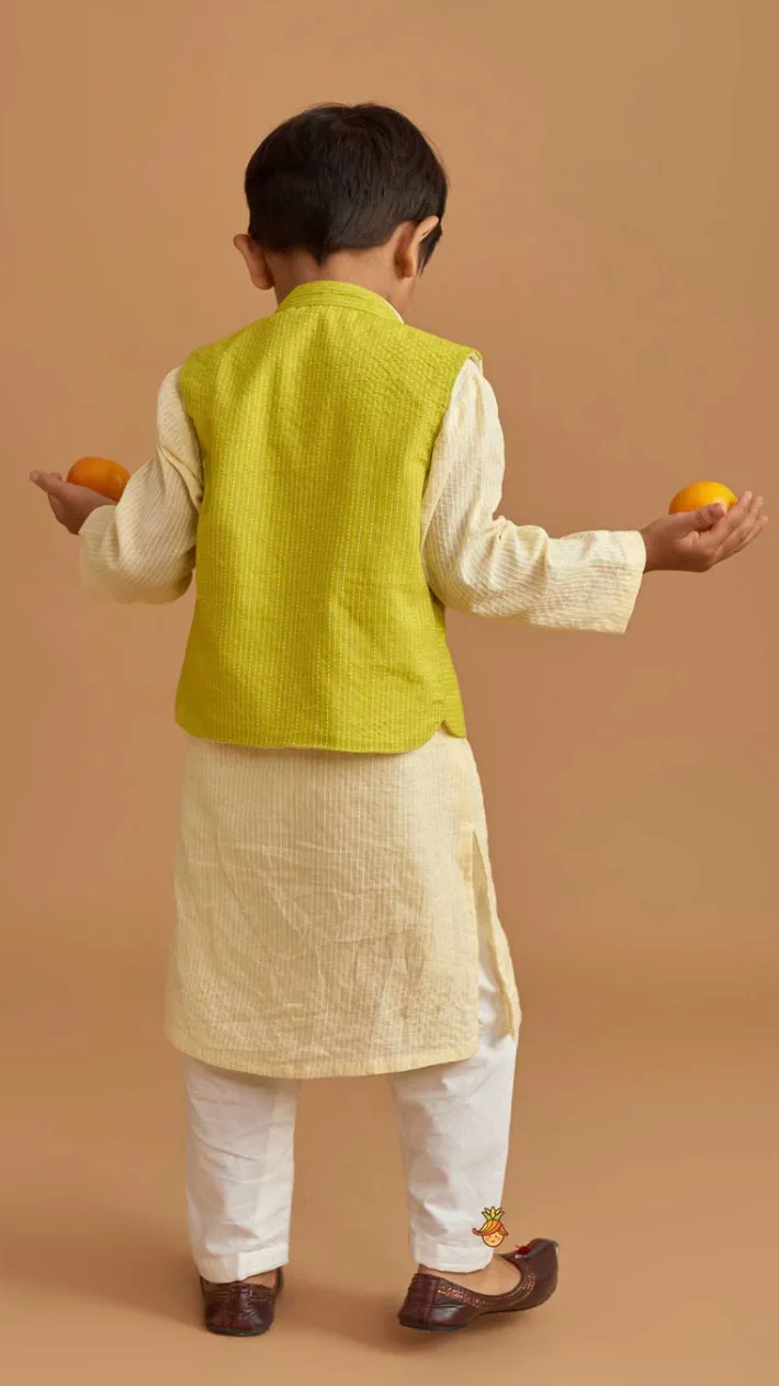 Outlet Cotton Cream Kurta With Green Jacket And Pocket Detail Pyjama BOY Indian Ethnic Wear | Ethnic Sets