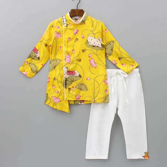 Best Cow And Lotus Printed Stylish Yellow Kurta With Pyjama BOY Indian Ethnic Wear | Ethnic Sets