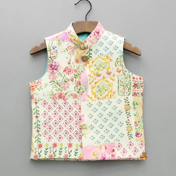 Clearance Cream Embroidered Kurta And Multicolour Printed Jacket With Pyjama BOY Indian Ethnic Wear | Ethnic Sets