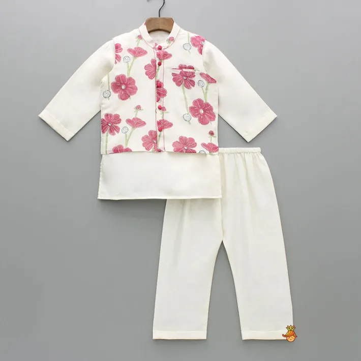 Clearance Cream Kurta And Floral Hand Block Printed Jacket With Pyjama BOY Twinning Sets | Indian Ethnic Wear