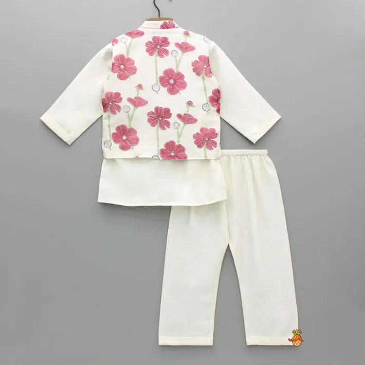 Clearance Cream Kurta And Floral Hand Block Printed Jacket With Pyjama BOY Twinning Sets | Indian Ethnic Wear