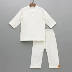 Clearance Cream Kurta And Floral Hand Block Printed Jacket With Pyjama BOY Twinning Sets | Indian Ethnic Wear