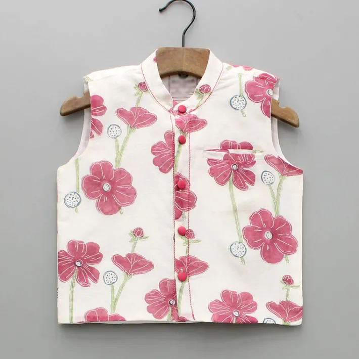 Clearance Cream Kurta And Floral Hand Block Printed Jacket With Pyjama BOY Twinning Sets | Indian Ethnic Wear