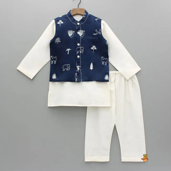 Discount Cream Kurta With Blue Embroidered Jacket And Pyjama BOY Indian Ethnic Wear | Ethnic Sets