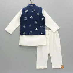 Discount Cream Kurta With Blue Embroidered Jacket And Pyjama BOY Indian Ethnic Wear | Ethnic Sets