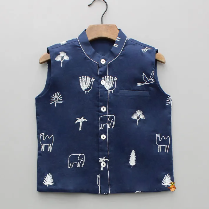 Discount Cream Kurta With Blue Embroidered Jacket And Pyjama BOY Indian Ethnic Wear | Ethnic Sets