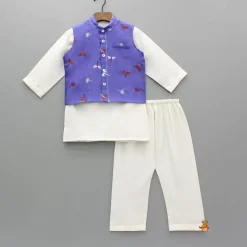 Fashion Cream Kurta With Purple Embroidered Jacket And Pyjama BOY Twinning Sets | Indian Ethnic Wear