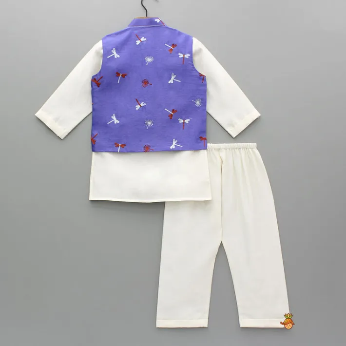 Fashion Cream Kurta With Purple Embroidered Jacket And Pyjama BOY Twinning Sets | Indian Ethnic Wear