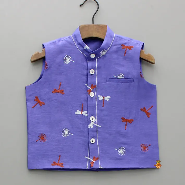 Fashion Cream Kurta With Purple Embroidered Jacket And Pyjama BOY Twinning Sets | Indian Ethnic Wear