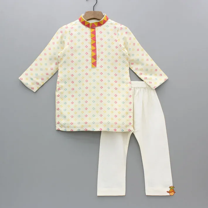 Sale Cream Multicolour Printed And Embroidered Kurta With Pyjama BOY Indian Ethnic Wear | Ethnic Sets