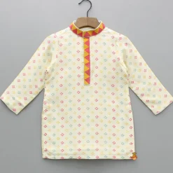 Sale Cream Multicolour Printed And Embroidered Kurta With Pyjama BOY Indian Ethnic Wear | Ethnic Sets