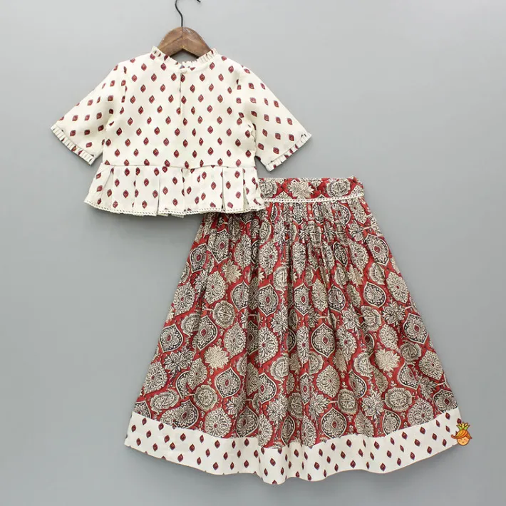 New Cream Printed Lace And Pleats Detailed Top And Lehenga Ethnic Wear | Lehengas & Ghagras