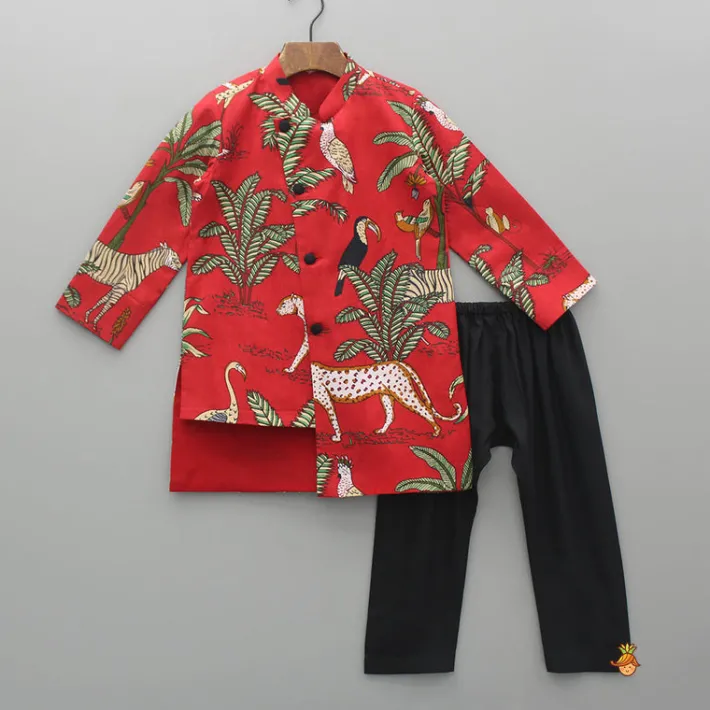 Online Crimson Red Jungle Theme Printed Asymmetric Kurta And Black Pyjama BOY Indian Ethnic Wear | Ethnic Sets